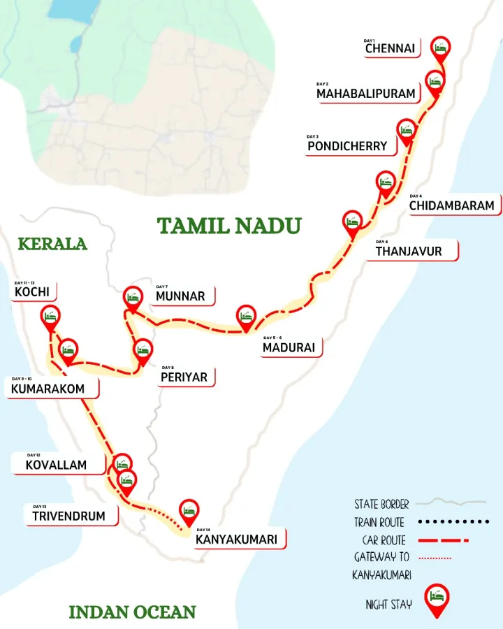South India: Kerala & Tamil Nadu route map