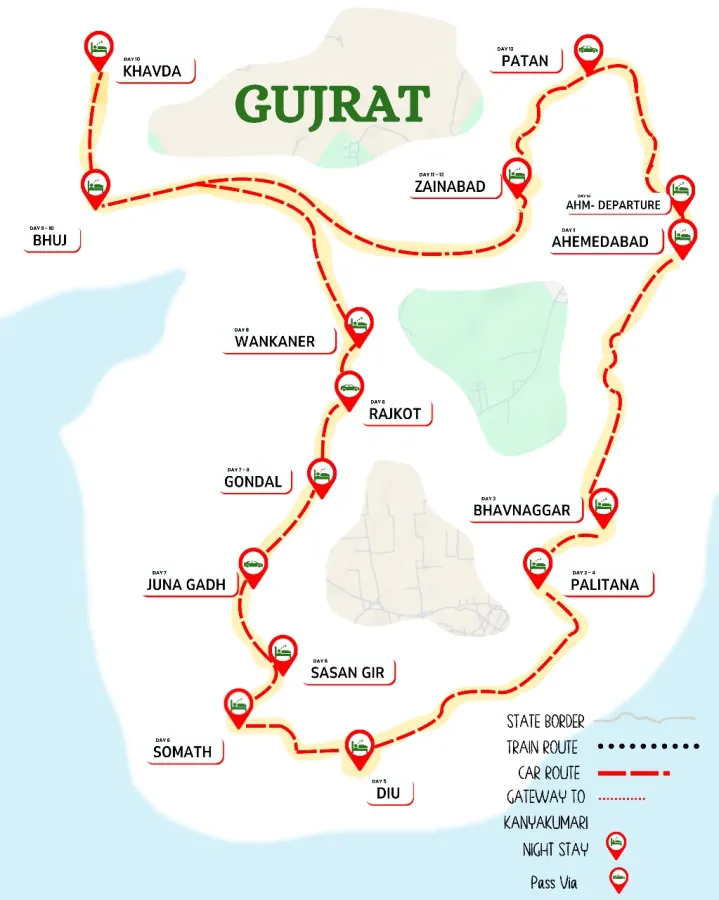 Gujarat- Unknown Treasures route map